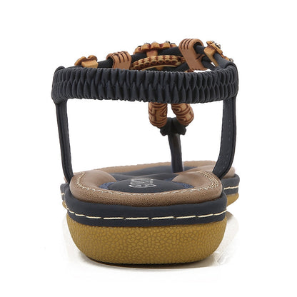 Women's Sandals Wooden Bead Woven Large Size Flat Bottom Casual