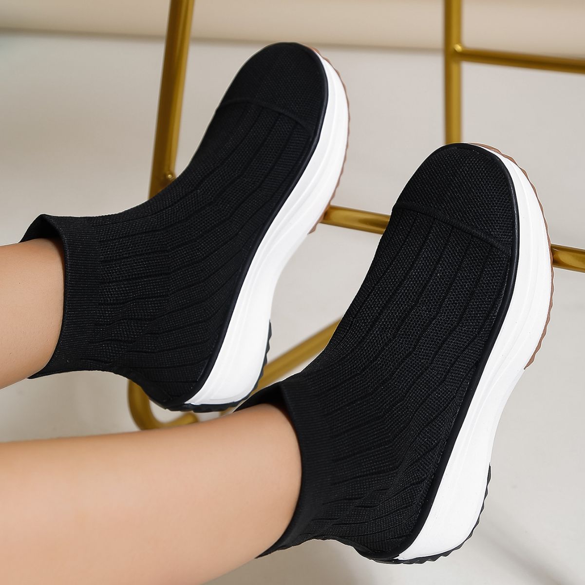 Women's Thick-soled Boots Knitted Round Toe Socks Shoes Casual Breathable Solid Color Flying Knit Ankle Boots | GlamzLife