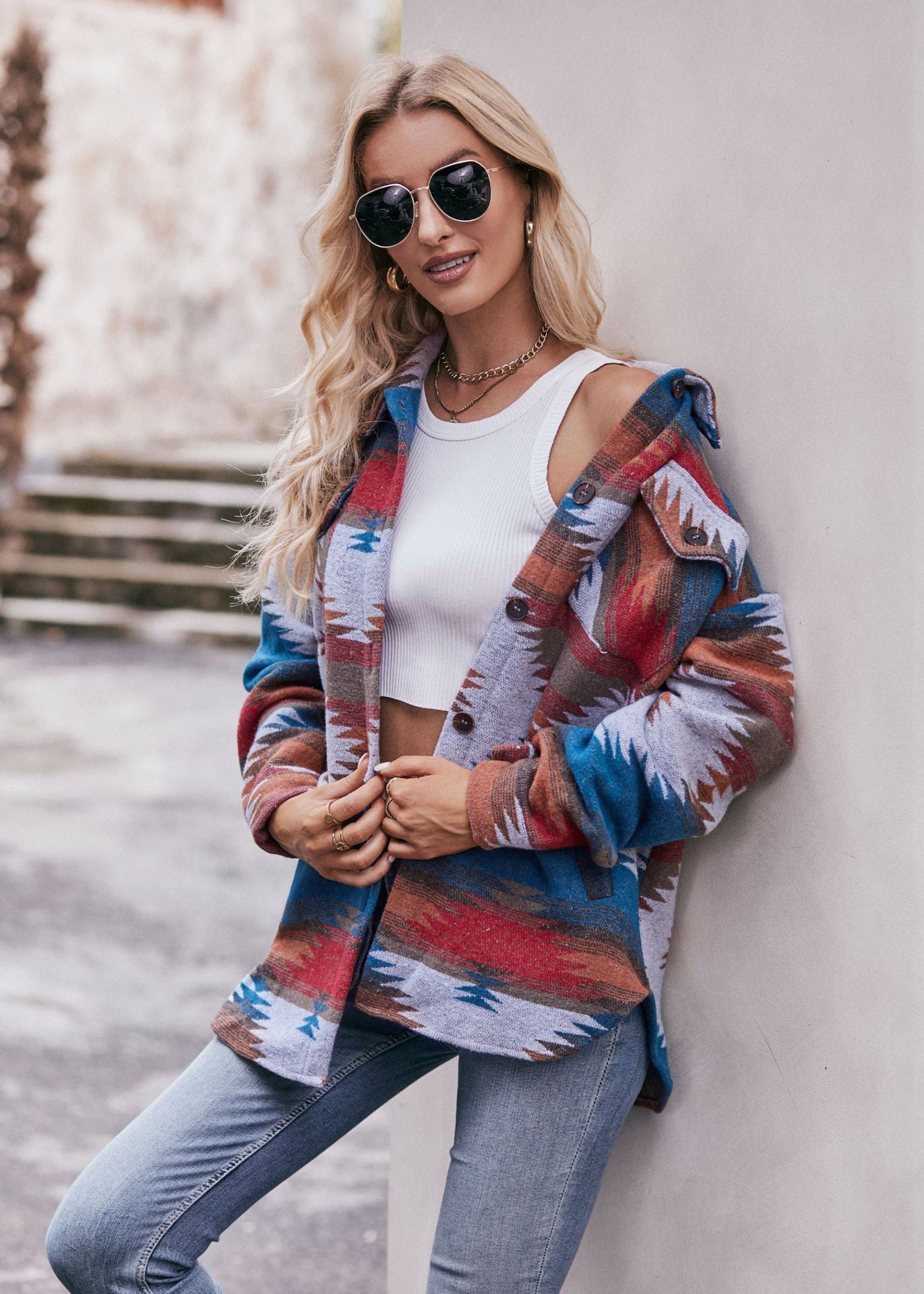 Geometric Print Jacket Shirt Winter Stand Collar Coats With Pockets Women's Outwear | GlamzLife