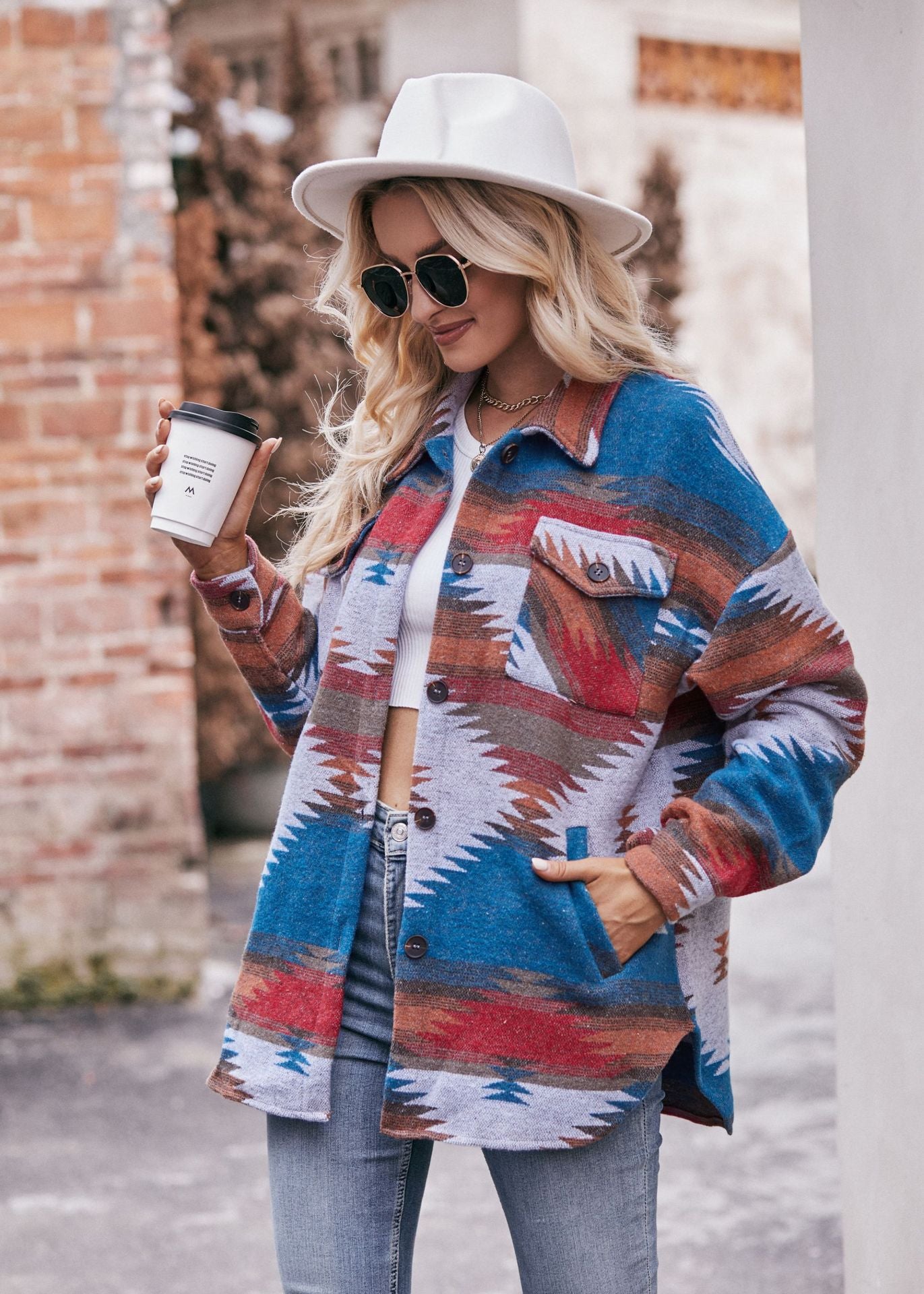 Geometric Print Jacket Shirt Winter Stand Collar Coats With Pockets Women's Outwear | GlamzLife