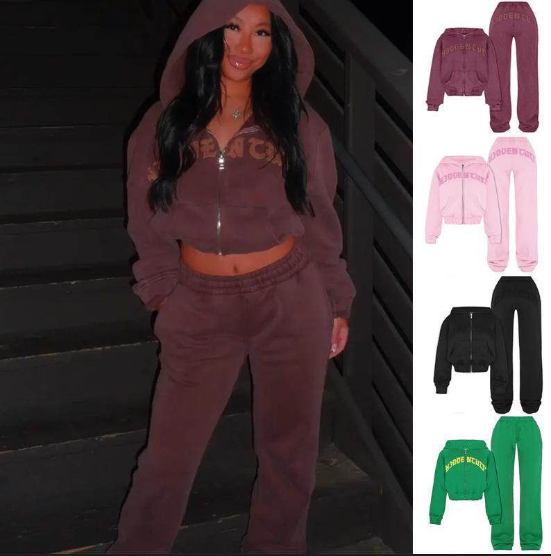 Glamzlife's Ins Letter Zip-Up Crop Top and Drawstring Trousers - Retro Style