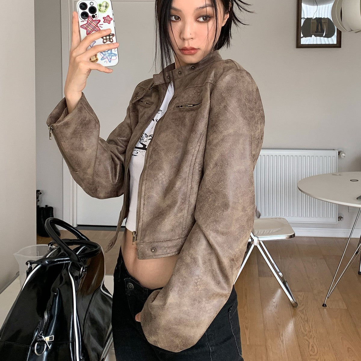 GlamzLife's Women's Brown Suede Biker Jacket - Slim Fit, Long Sleeve