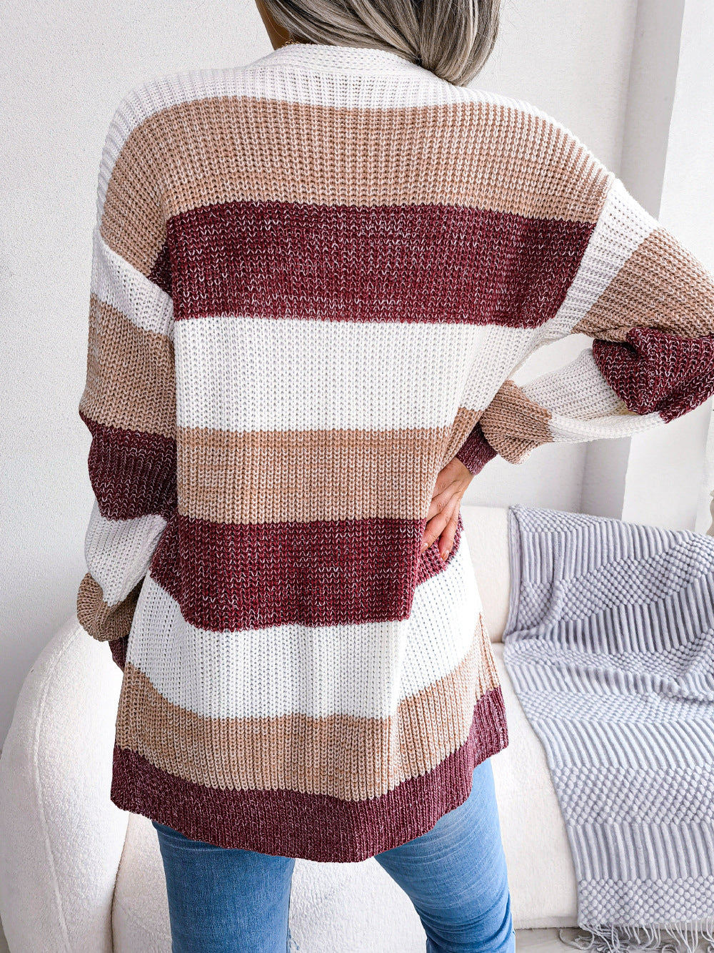 Plaid Sweater Women Casual Lantern Sleeves Cardigan Jacket Outerwear Clothes | GlamzLife