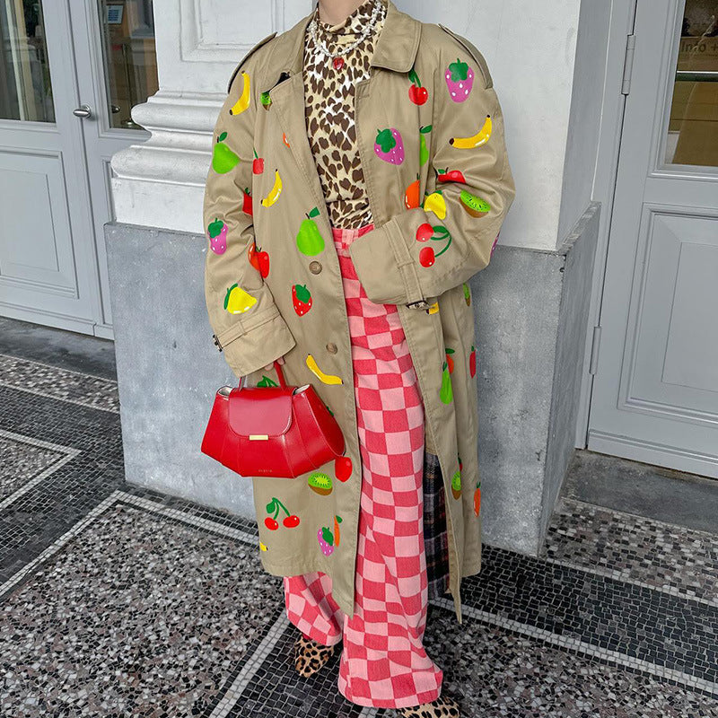 Elegant Khaki Fruit Printed Lapel Coat - GlamzLife