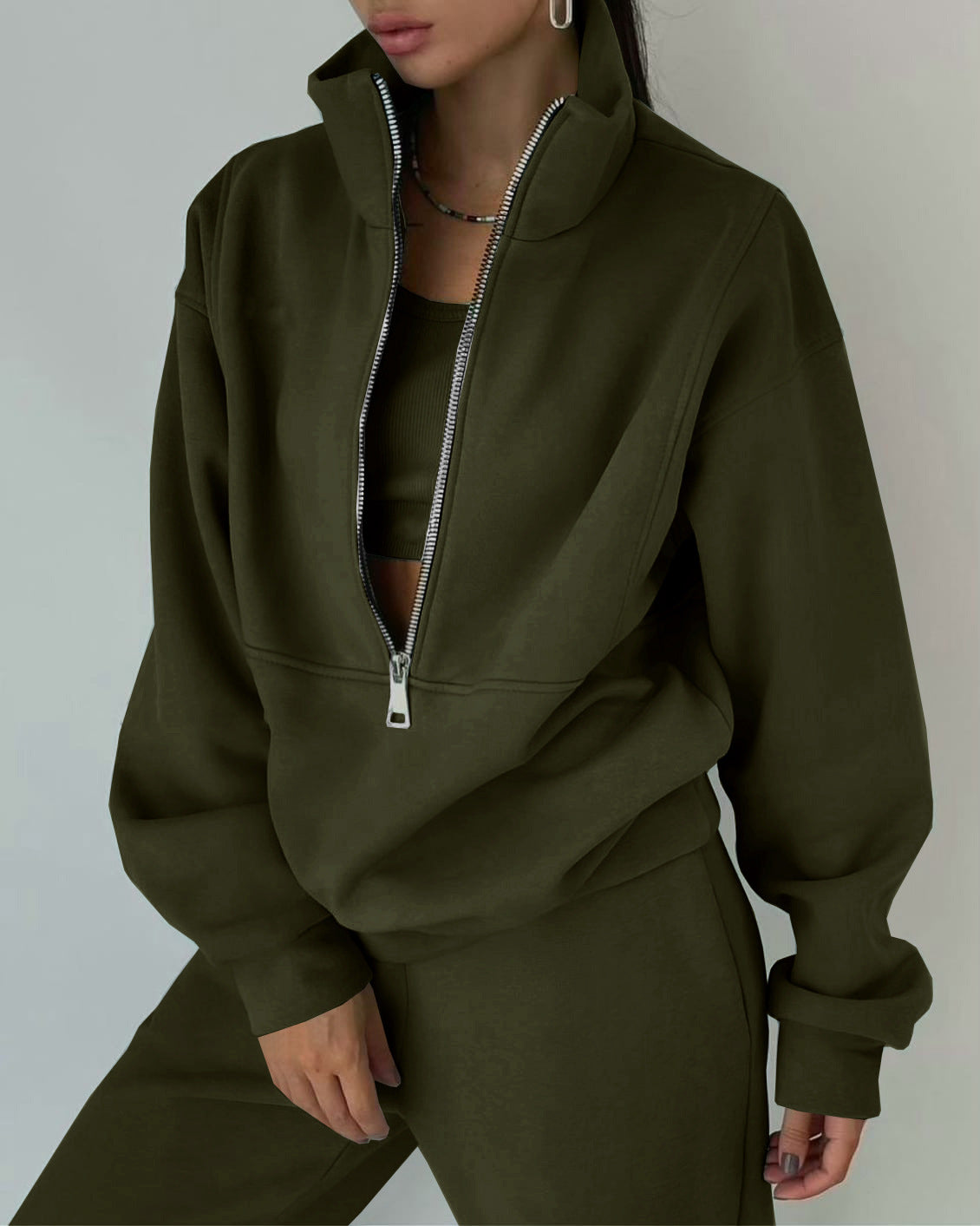 Stand Collar Suit Zip Up Crop Sportswear Long Sleeve Sweatshirt And Trousers For Spring Fall Women's Clothing | GlamzLife