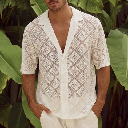Men's Hollow-out Breathable Short-sleeved Lapel Casual Shirt - GlamzLife