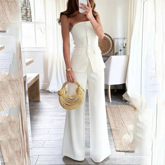 Off-shoulder Sleeveless Single-breasted Slim-fitting Straight Pants Suit - GlamzLife