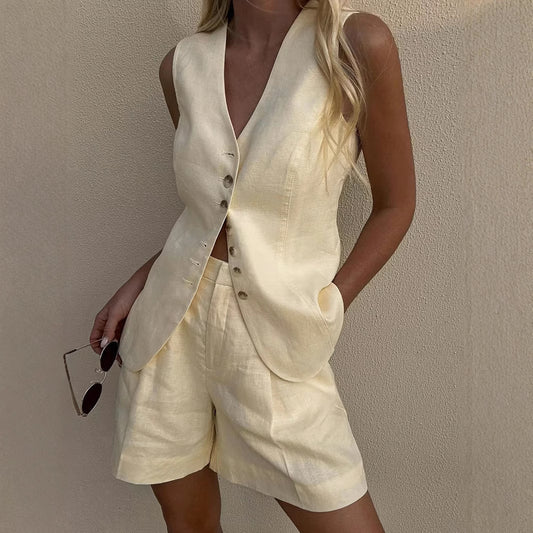 Cotton Linen Shorts Commuter Vest Shorts Suit - GlamzLife