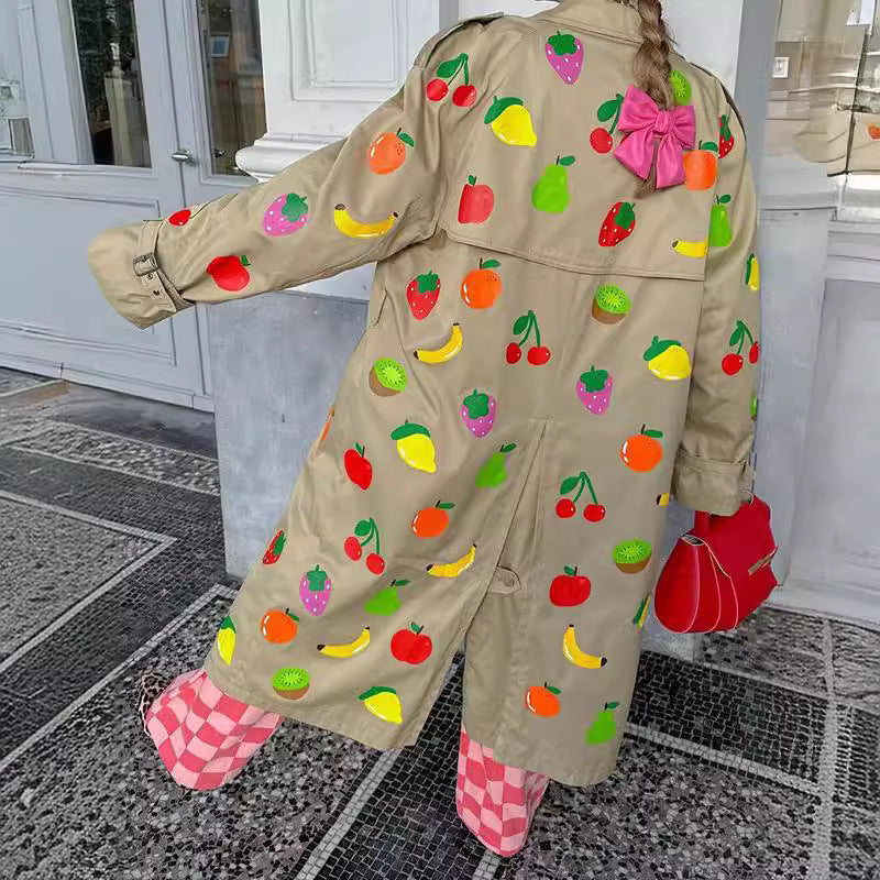 Elegant Khaki Fruit Printed Lapel Coat - GlamzLife