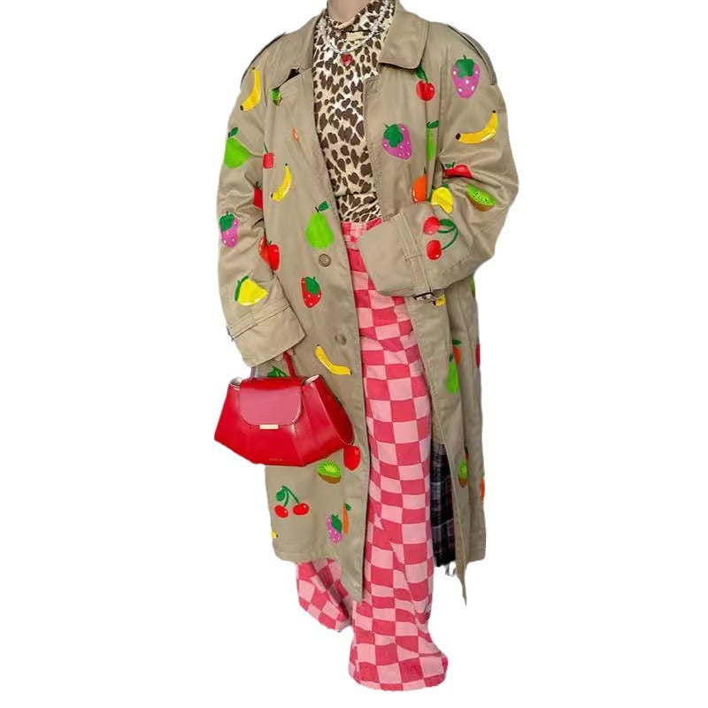 Elegant Khaki Fruit Printed Lapel Coat - GlamzLife