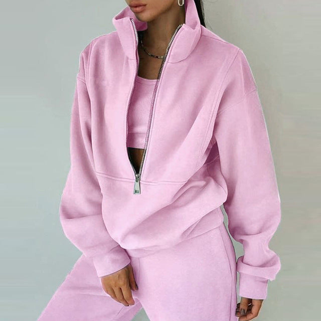 Stand Collar Suit Zip Up Crop Sportswear Long Sleeve Sweatshirt And Trousers For Spring Fall Women's Clothing | GlamzLife