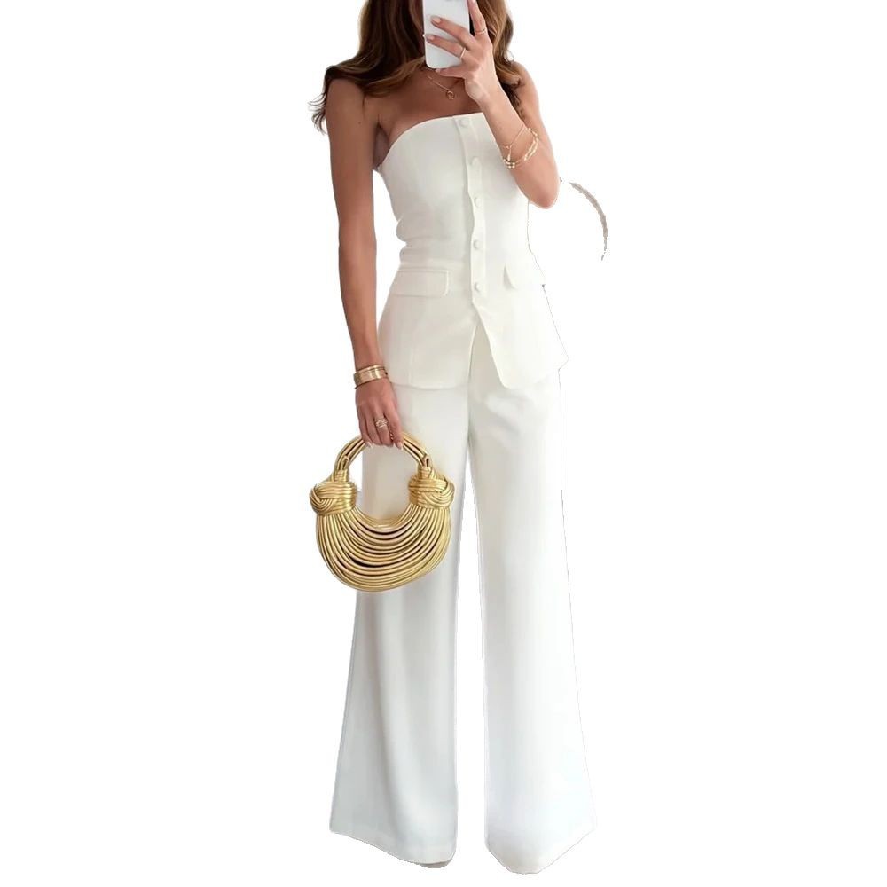 Off-shoulder Sleeveless Single-breasted Slim-fitting Straight Pants Suit - GlamzLife
