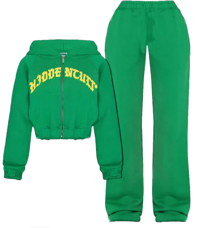 Glamzlife's Ins Letter Zip-Up Crop Top and Drawstring Trousers - Retro Style
