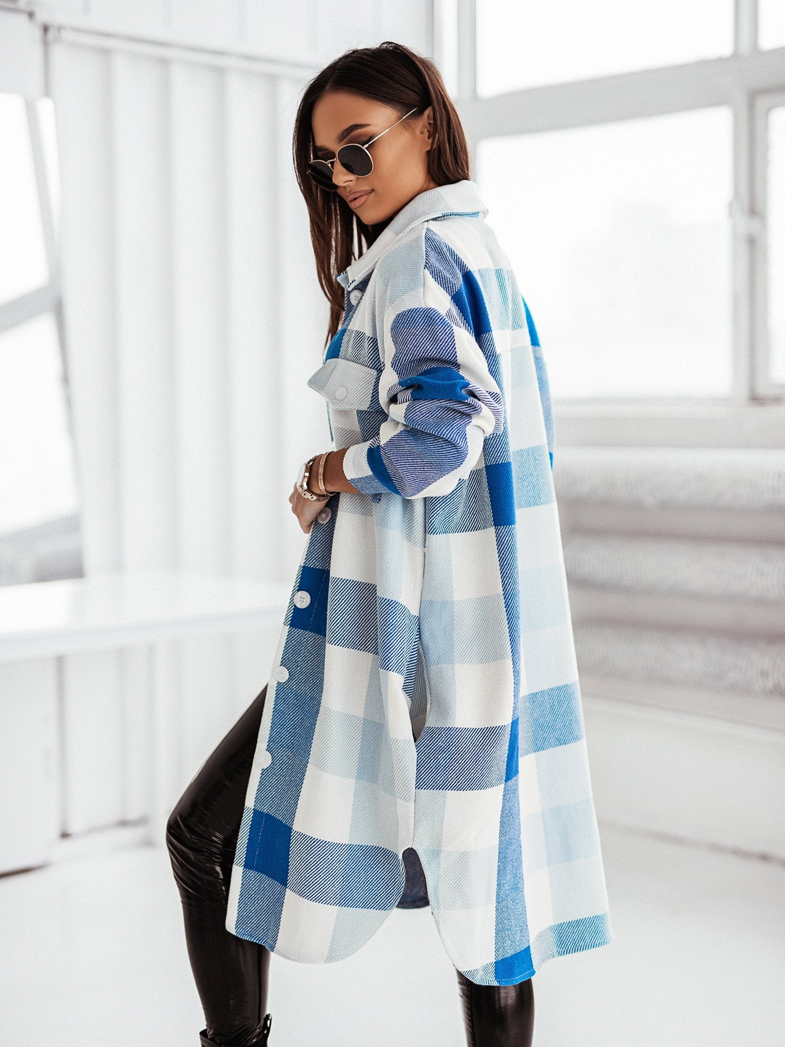 Women's Fashion Long Sleeve Color Plaid Brushed Woolen Long Coat | GlamzLife
