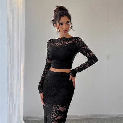 Women's Lace Jacquard Semi-transparent Skirt Suit - GlamzLife