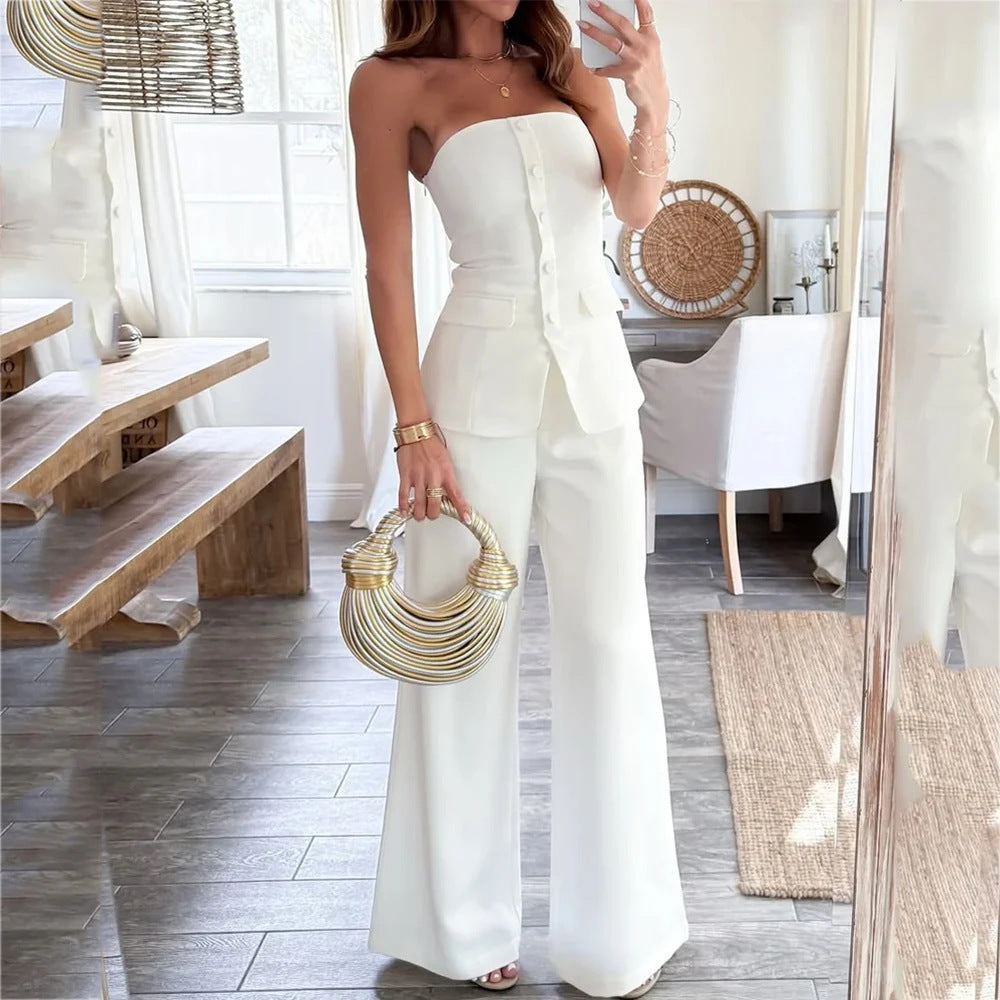 Off-shoulder Sleeveless Single-breasted Slim-fitting Straight Pants Suit - GlamzLife