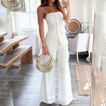 Off-shoulder Sleeveless Single-breasted Slim-fitting Straight Pants Suit - GlamzLife