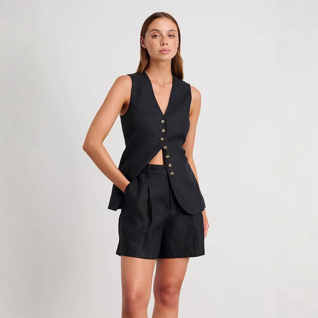 Cotton Linen Shorts Commuter Vest Shorts Suit - GlamzLife