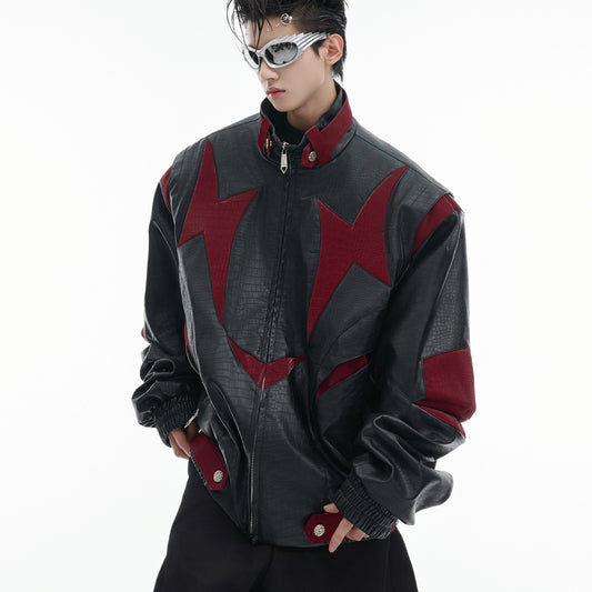 Contrast Color PU Leather Jacket - GlamzLife