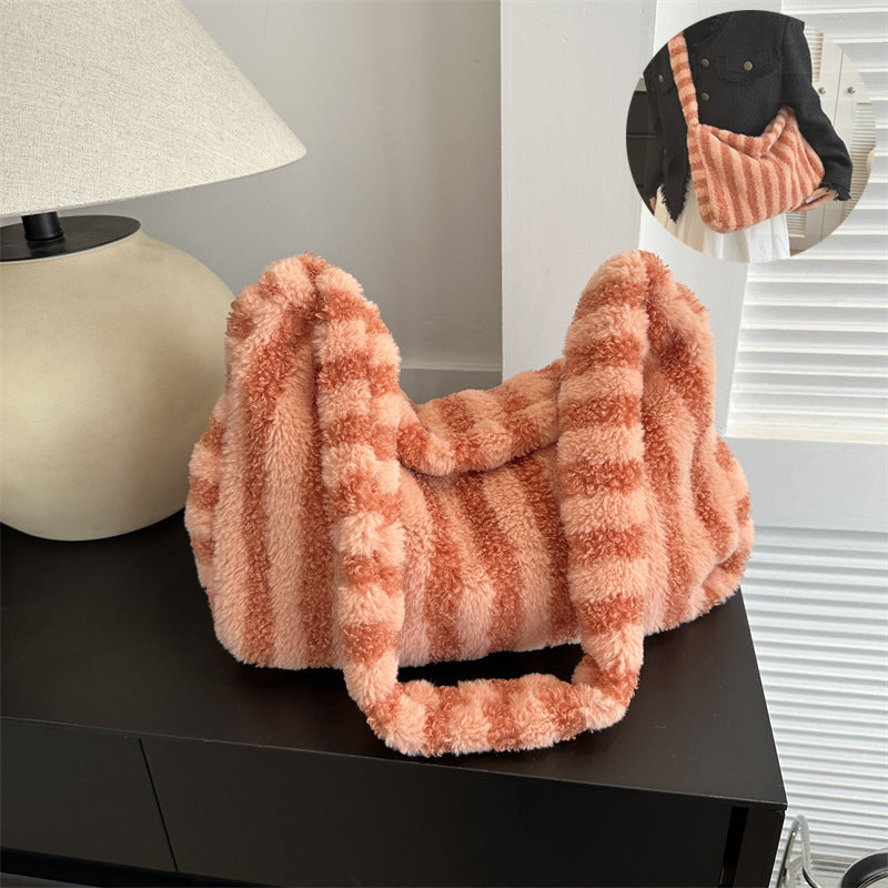 Large-capacity Striped Plush Bag Winter New Fashion Portable Tote Shoulder Bags Shopping Furry Handbags For Women | GlamzLife