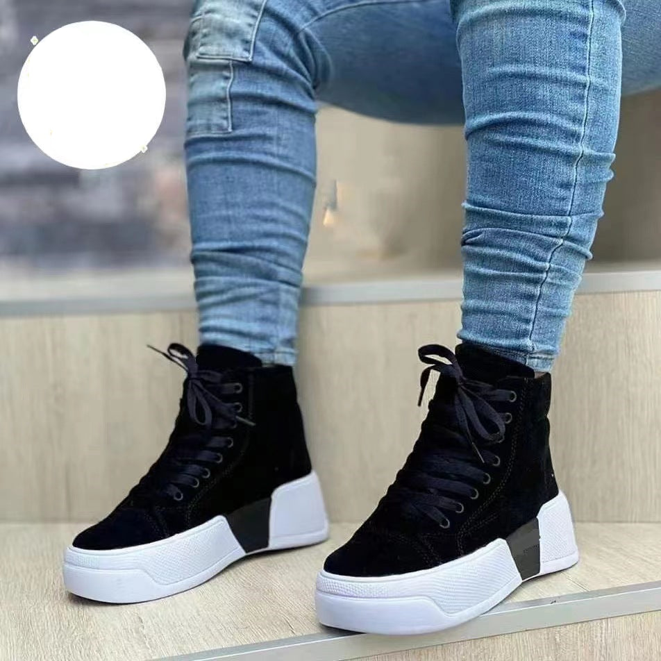 Chunky Heel Boots Round Toe Lace-Up Flats Shoes Suede Ankle Boots | GlamzLife