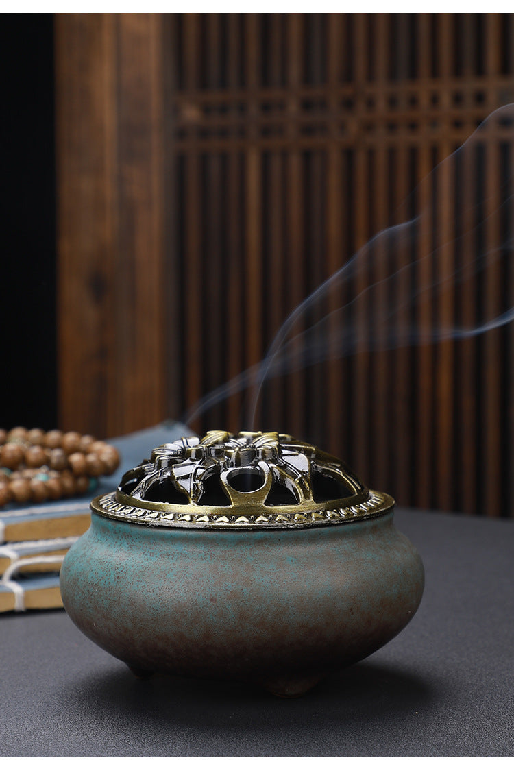 Copper Lid Ceramic Buddha with Antique Alloy Wire Incense Burner | GlamzLife
