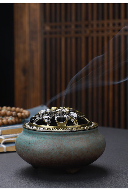 Copper Lid Ceramic Buddha with Antique Alloy Wire Incense Burner | GlamzLife