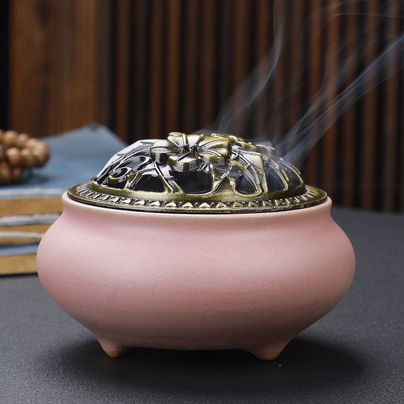 Copper Lid Ceramic Buddha with Antique Alloy Wire Incense Burner | GlamzLife