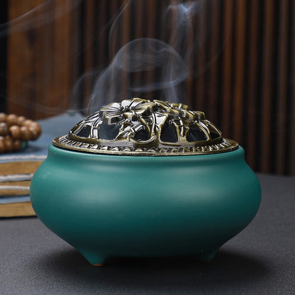 Copper Lid Ceramic Buddha with Antique Alloy Wire Incense Burner | GlamzLife