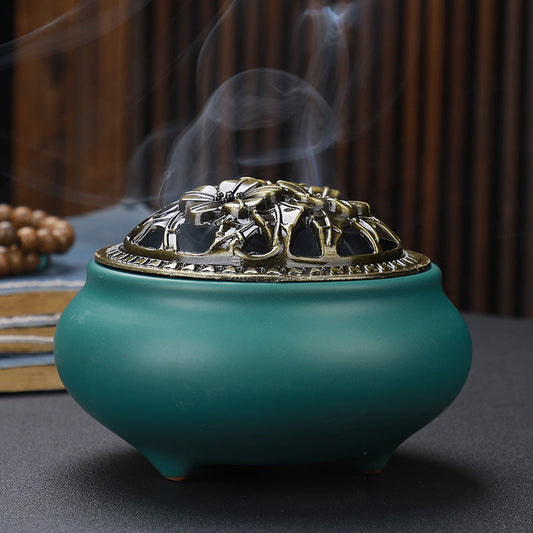 Copper Lid Ceramic Buddha with Antique Alloy Wire Incense Burner | GlamzLife