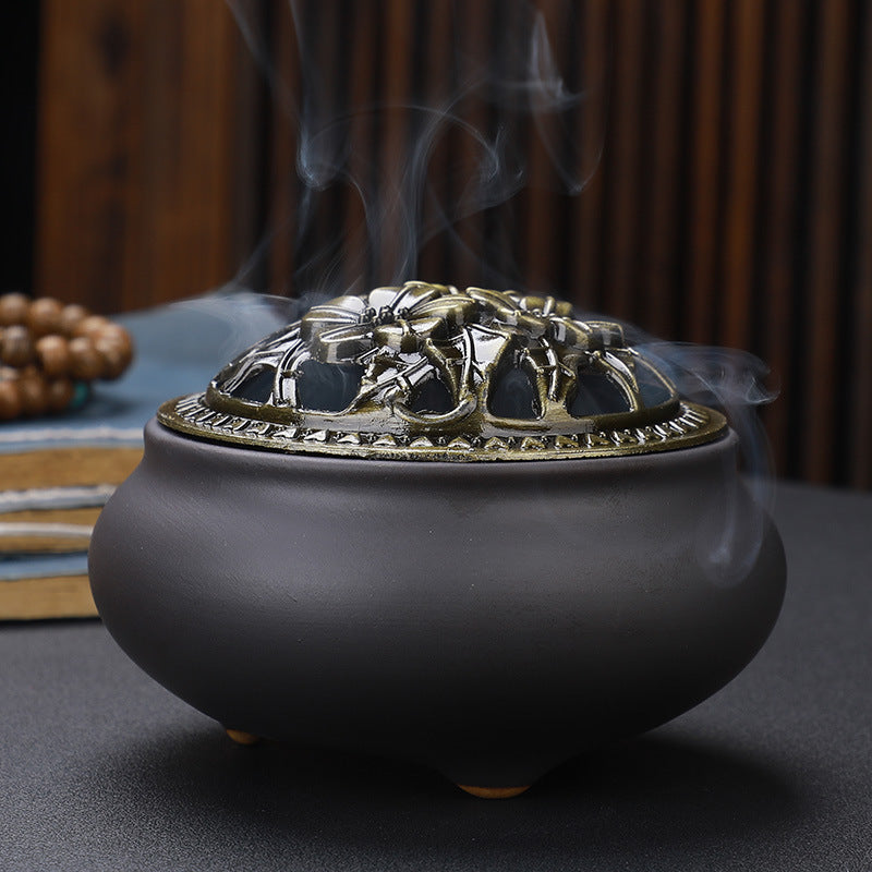 Copper Lid Ceramic Buddha with Antique Alloy Wire Incense Burner | GlamzLife