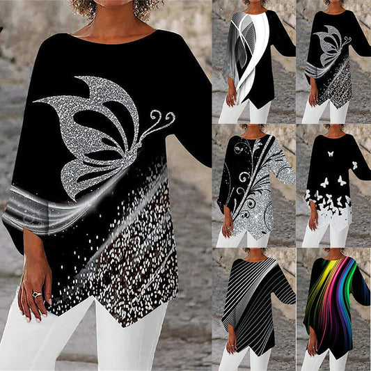 Geometric Print Long Sleeve Panel Crew Neck Top | GlamzLife
