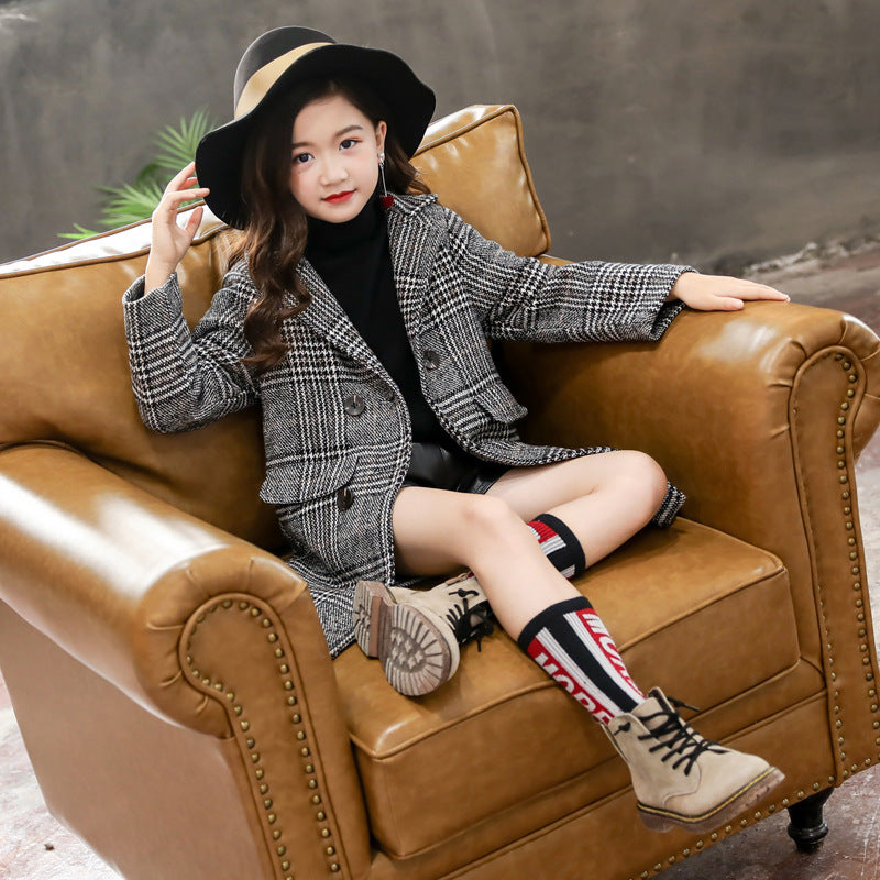 Grey Plaid Hound Stooth Coat For Girl's | GlamzLife