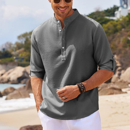 Men's Long Sleeve Stand Collar Solid Color Shirt | GlamzLife