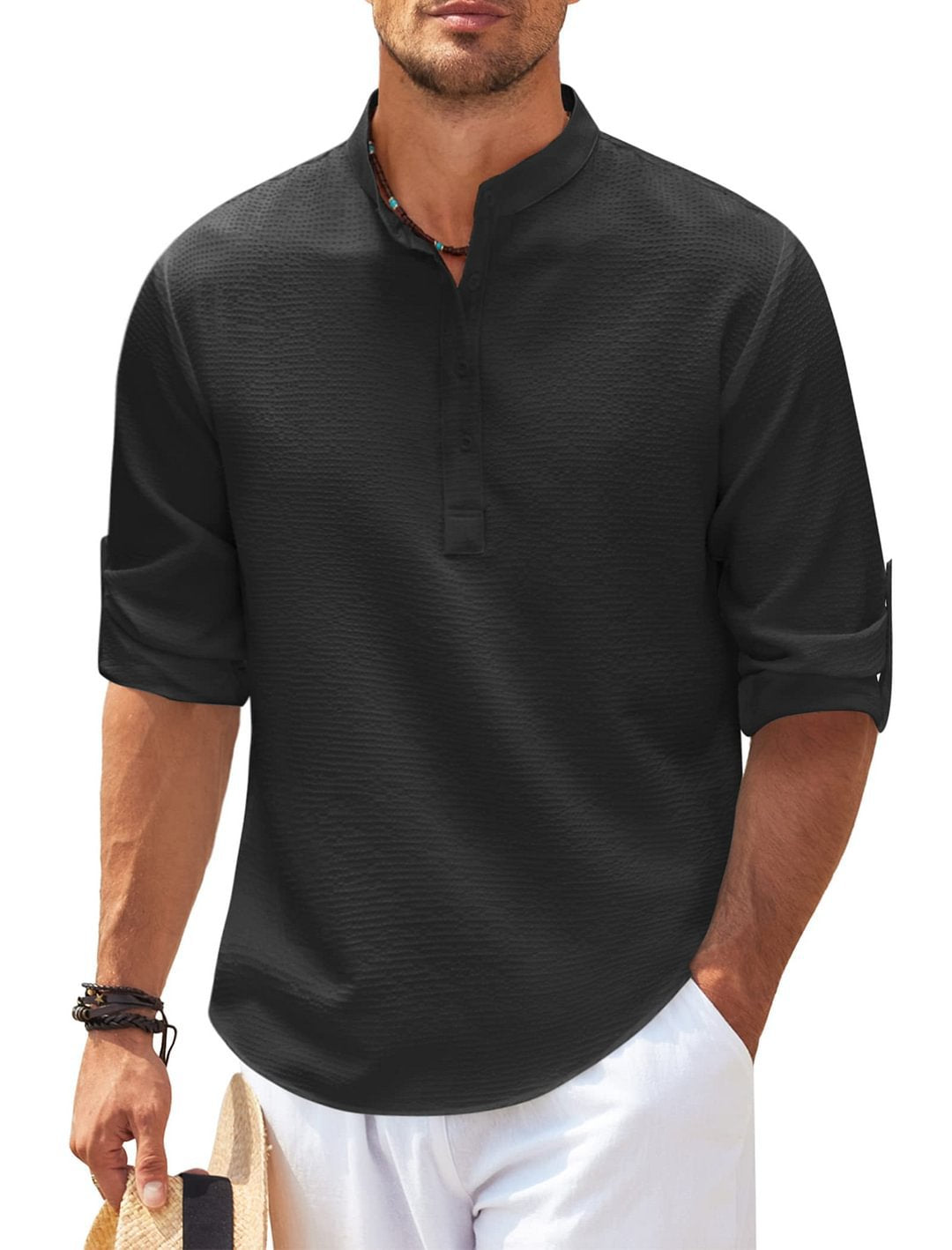 Men's Long Sleeve Stand Collar Solid Color Shirt | GlamzLife