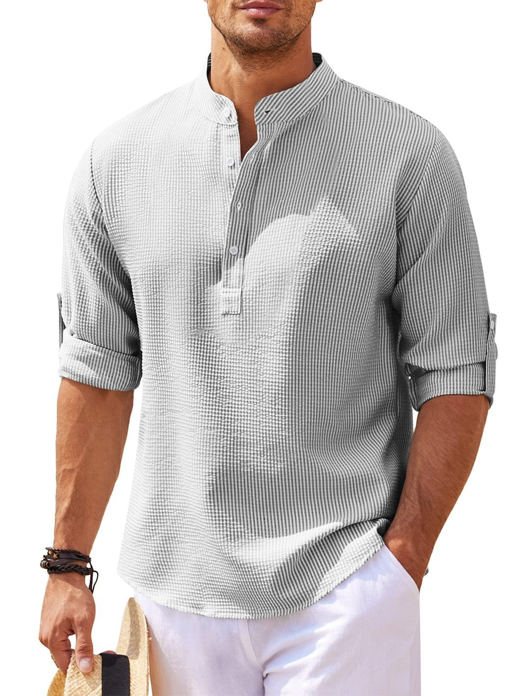 Men's Long Sleeve Stand Collar Solid Color Shirt | GlamzLife