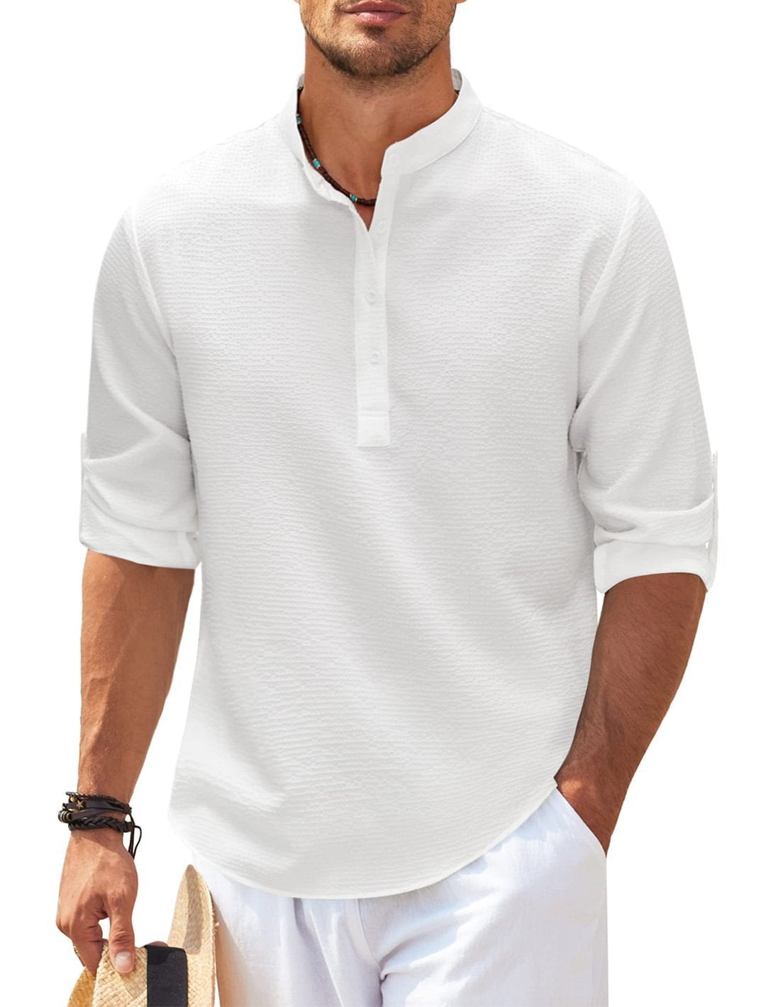 Men's Long Sleeve Stand Collar Solid Color Shirt | GlamzLife