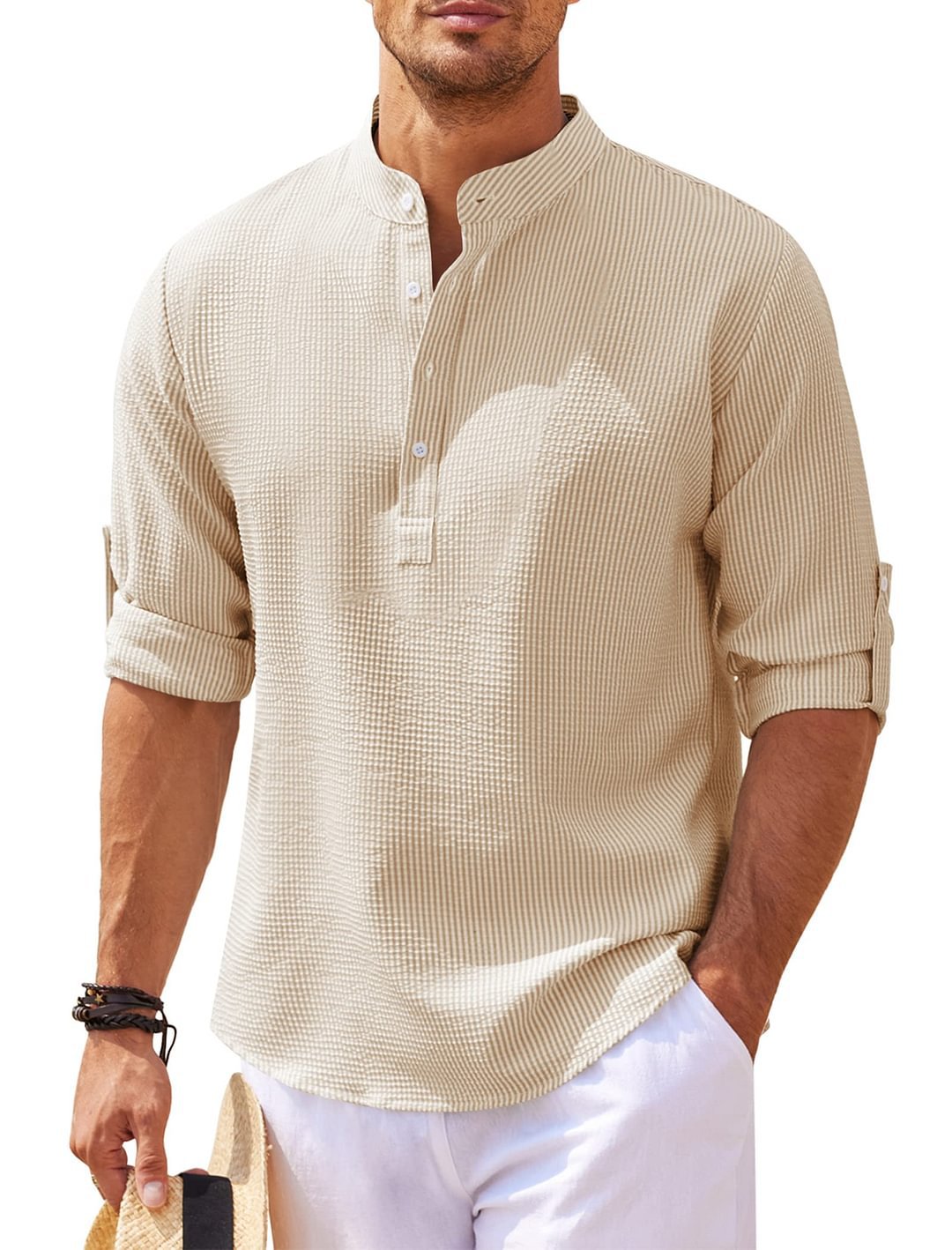 Men's Long Sleeve Stand Collar Solid Color Shirt | GlamzLife