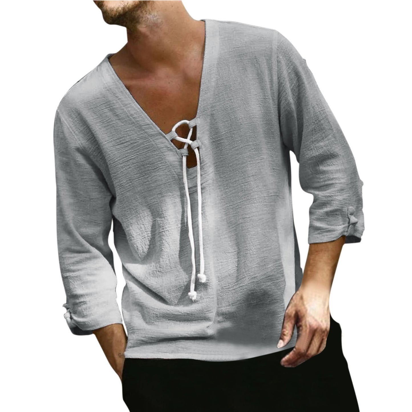 Men's Solid Color Fashionable Casual Hemp Drawstring Shirt | GlamzLife