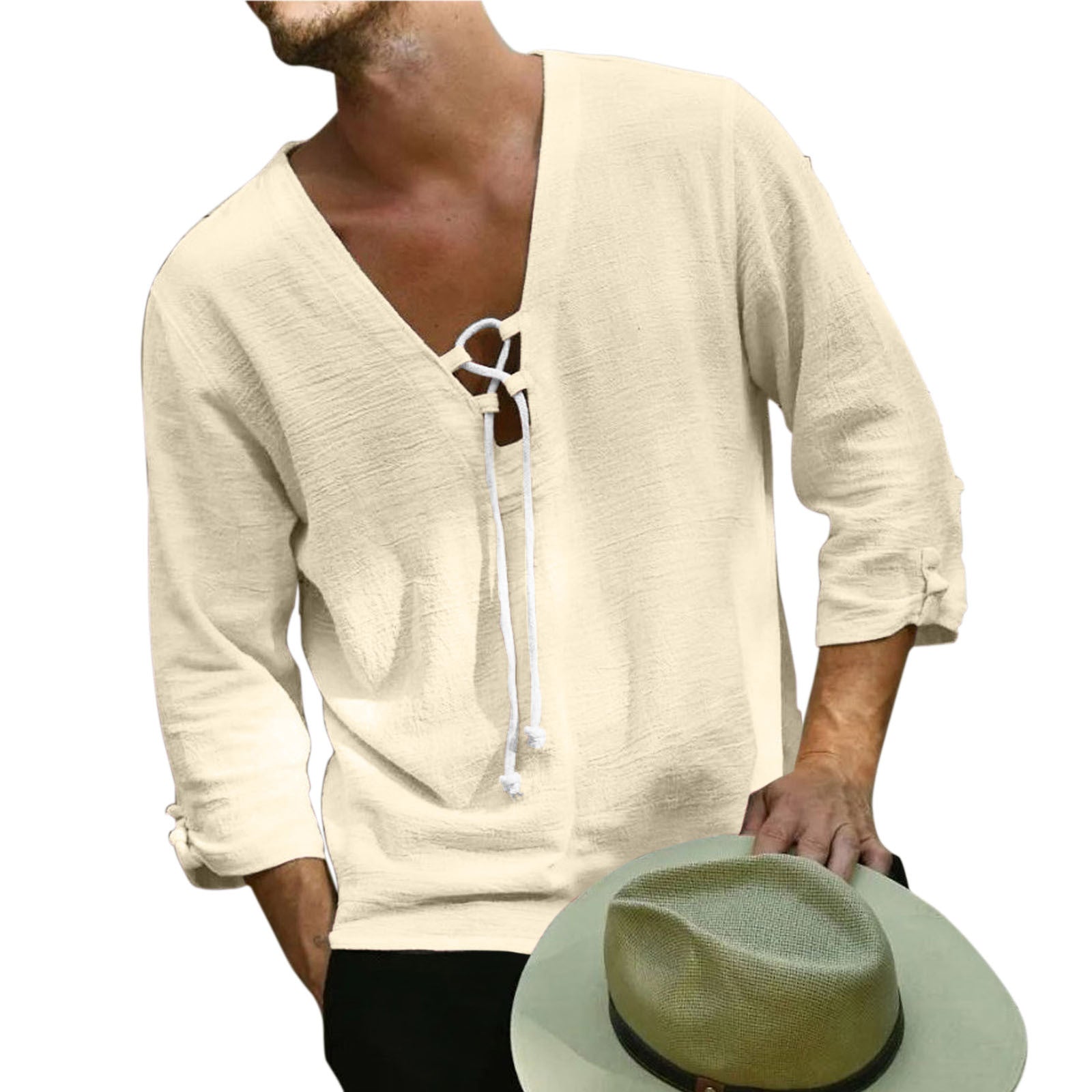 Men's Solid Color Fashionable Casual Hemp Drawstring Shirt | GlamzLife