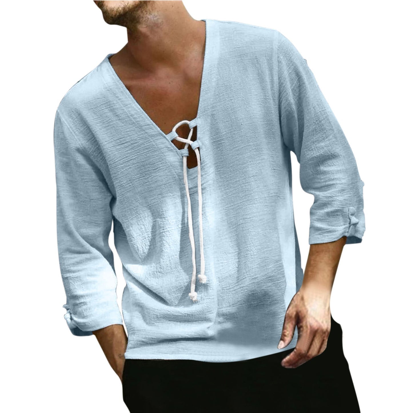 Men's Solid Color Fashionable Casual Hemp Drawstring Shirt | GlamzLife