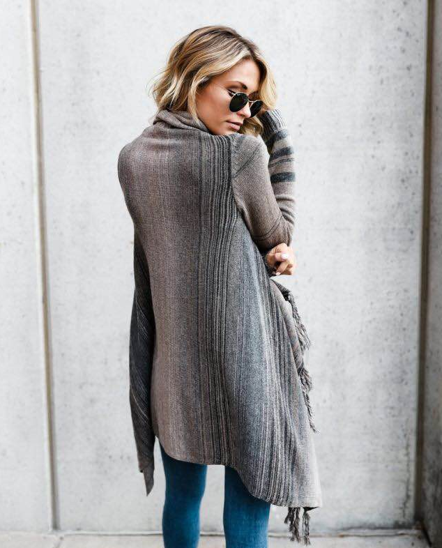 Mid Length Slim Fringe Striped Sweater Coat | | GlamzLife