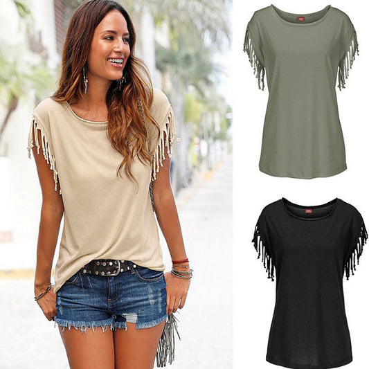 Round Neck Short Sleeve Cuffs Tassel T-shirt | GlamzLife