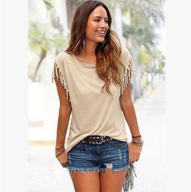 Round Neck Short Sleeve Cuffs Tassel T-shirt | GlamzLife