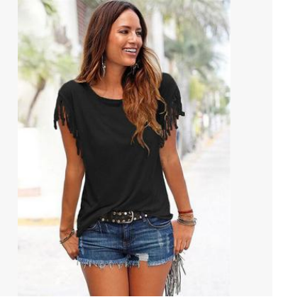 Round Neck Short Sleeve Cuffs Tassel T-shirt | GlamzLife
