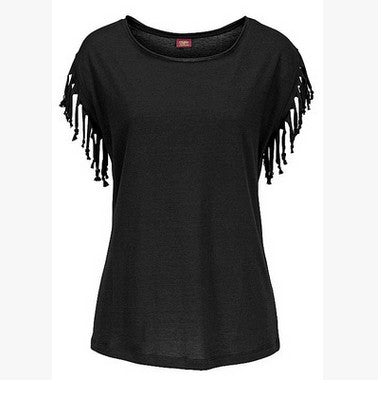 Round Neck Short Sleeve Cuffs Tassel T-shirt | GlamzLife