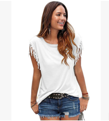 Round Neck Short Sleeve Cuffs Tassel T-shirt | GlamzLife