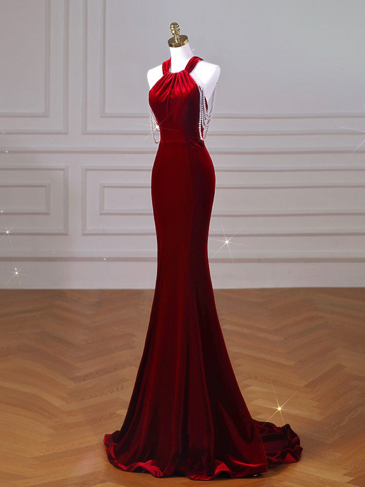Solid Color Velvet Fish Tail Cocktail Dress | Wine Red | GlamzLife