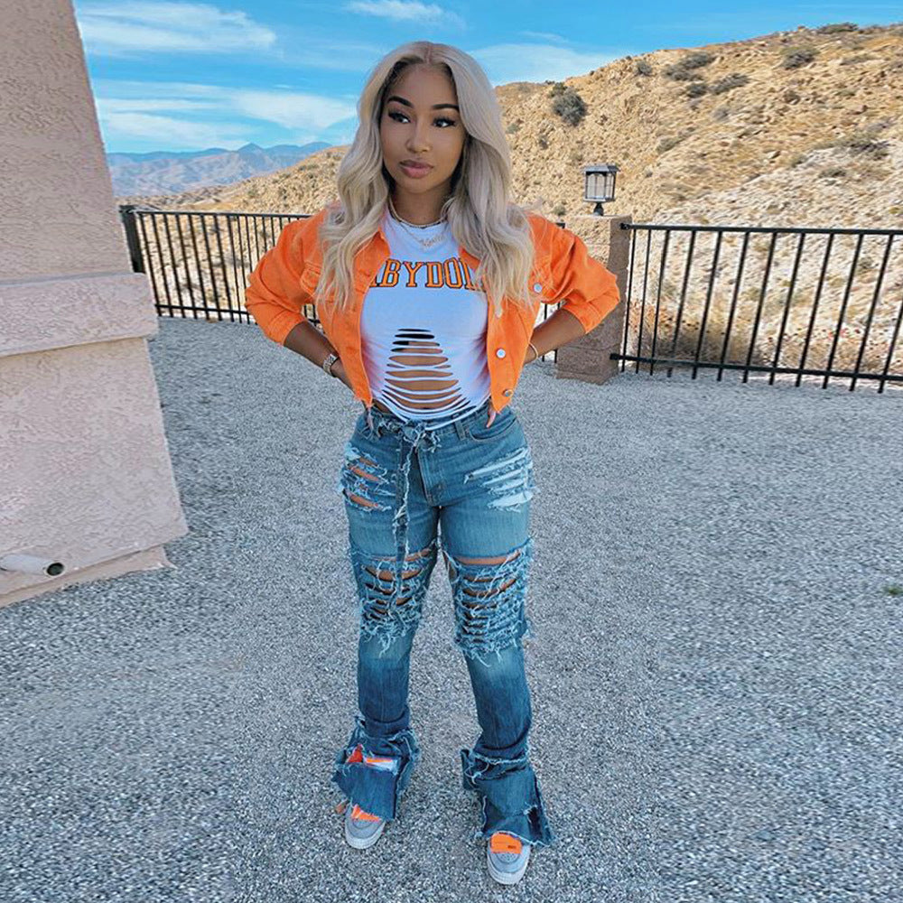 Trendy Denim Jacket For Women's | Orange | GlamzLife