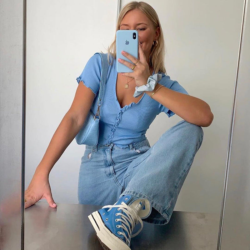 V-Neck Ruffles Short Sleeve Crop Top | GlamzLife